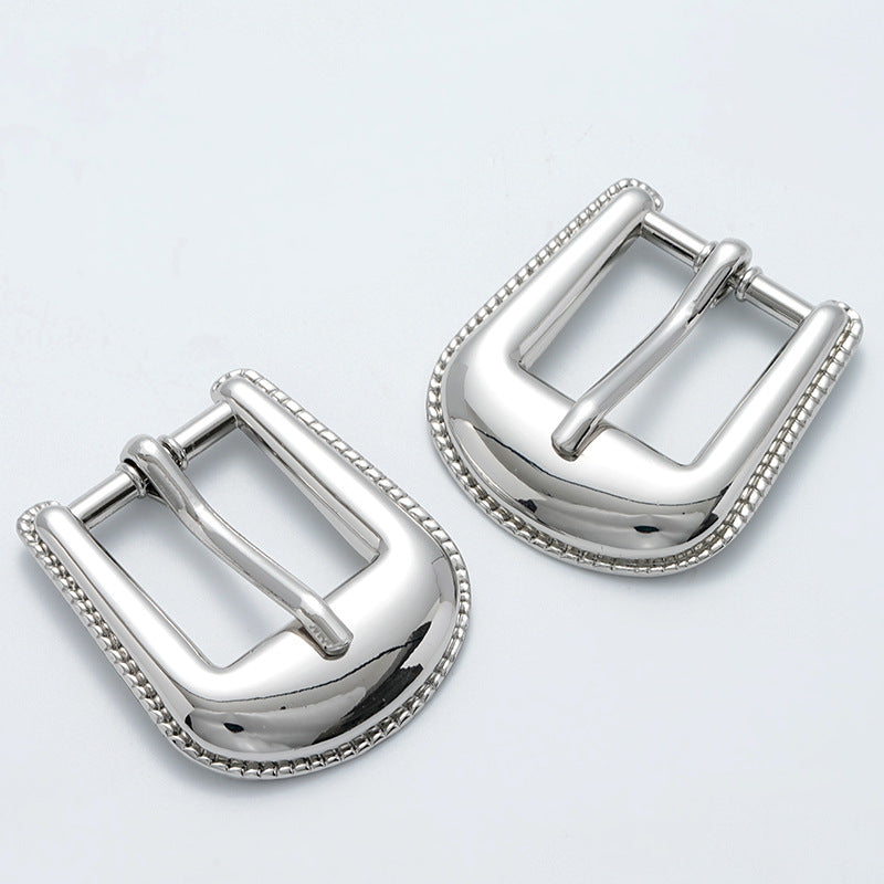 Silver waist belt buckle, two orientations with U-shaped bar and rounded prongs