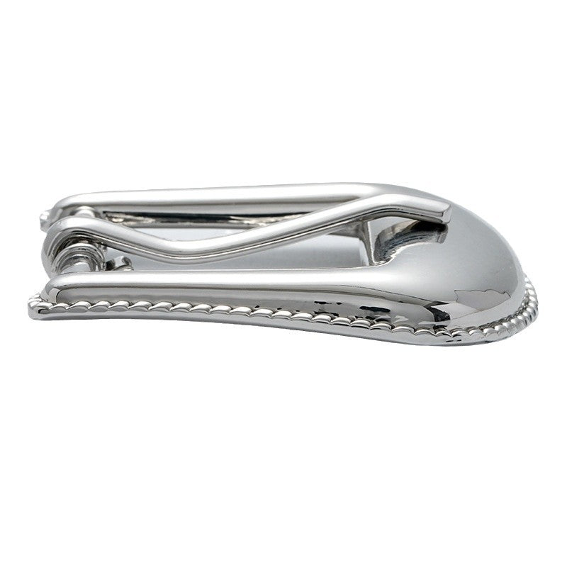 Shiny silver belt buckle side view, pin bar with screw posts and beaded border