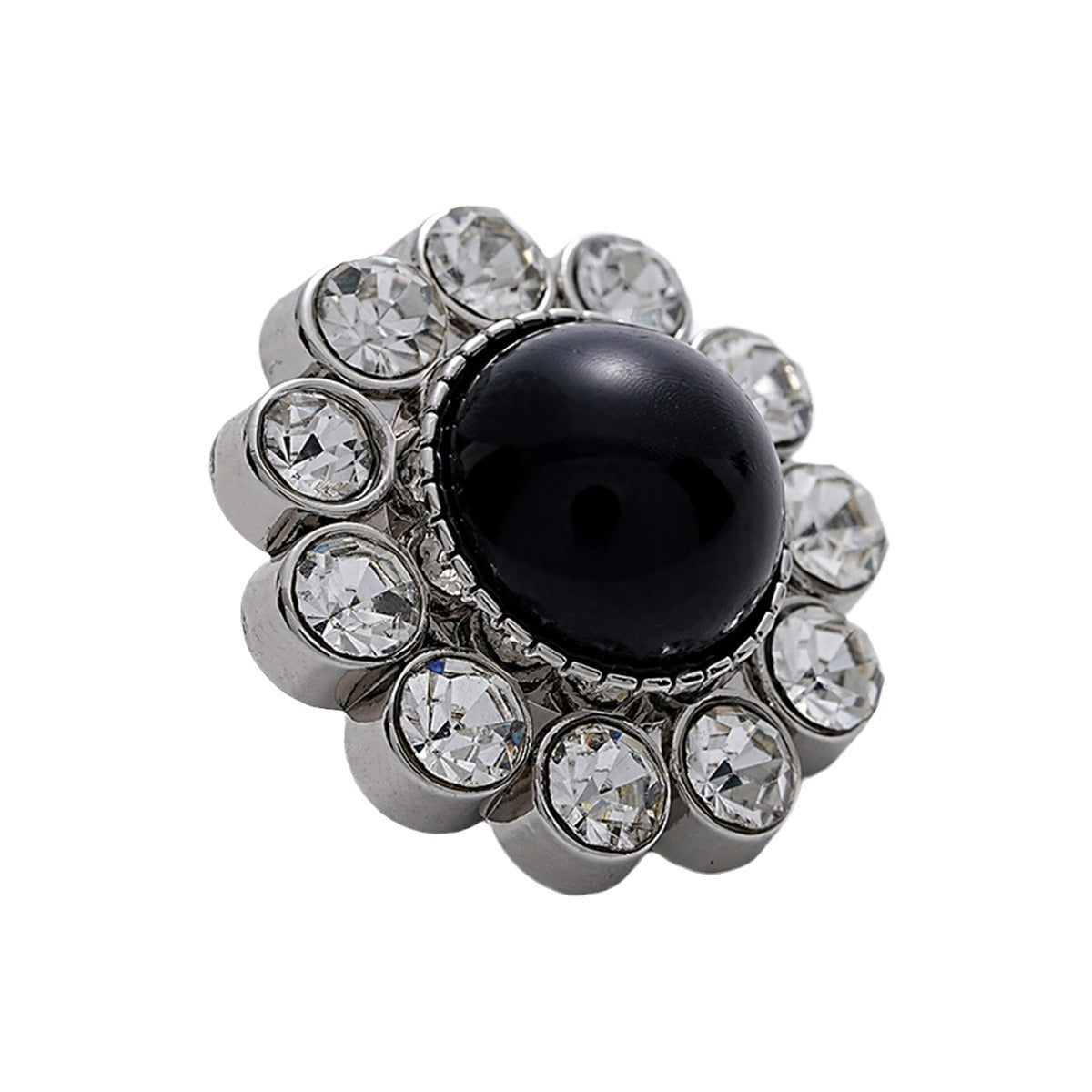 Cat’s eye pearl button with rhinestone halo, silver metal, 5pcs