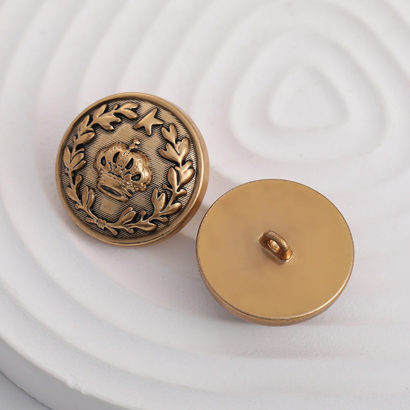 Antique gold crown-and-laurel metal button front and back, 15–23mm