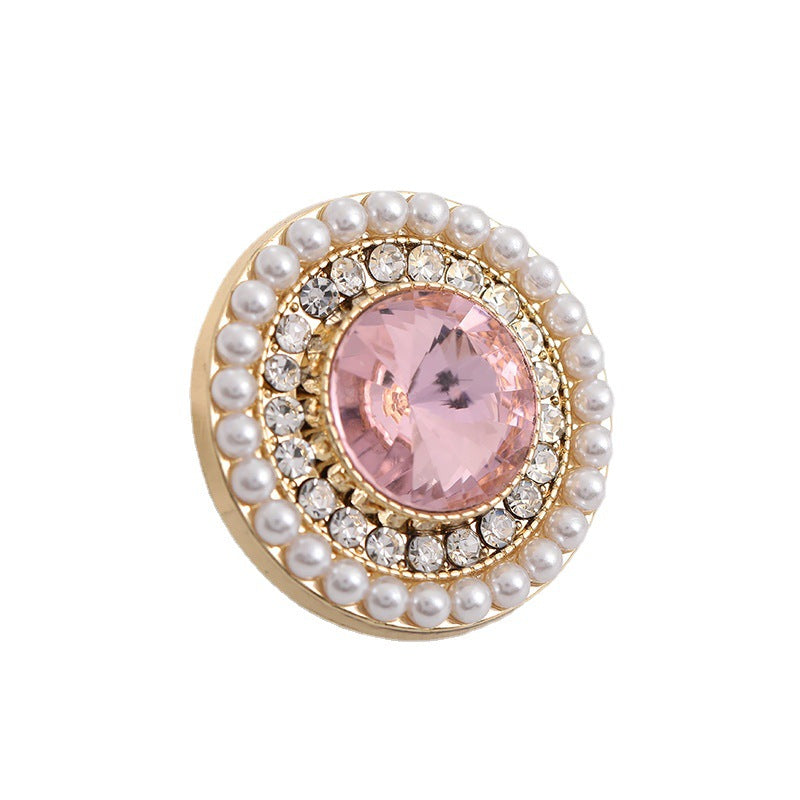 Round Fashion Metal Button with Diamonds Pearls 5pcs Pink