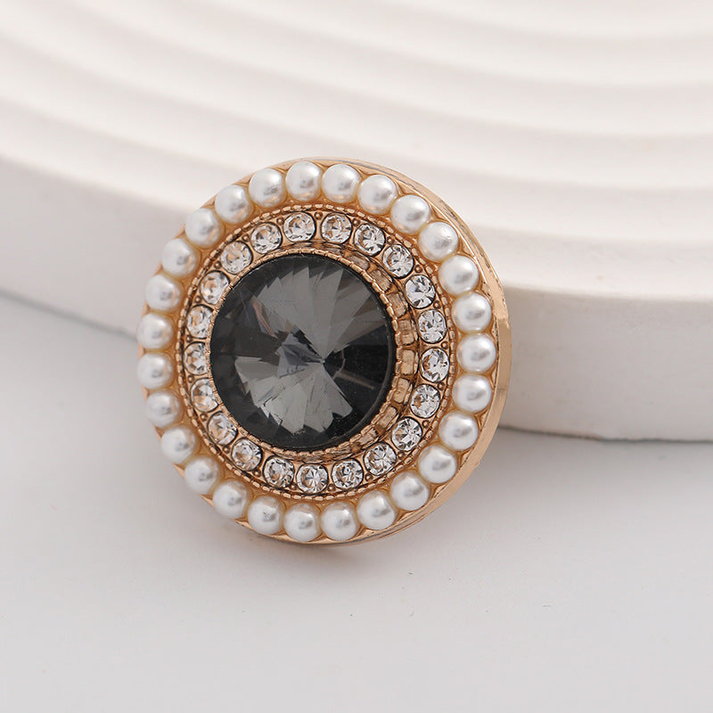 Round Fashion Metal Button with Diamonds Pearls 5pcs Black