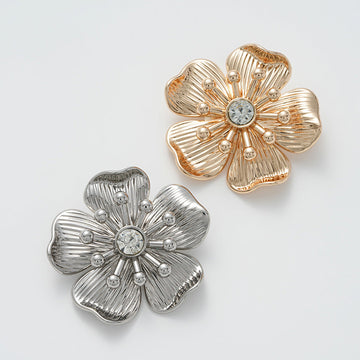 Gold and silver flower rhinestone metal brooches with round crystal centers