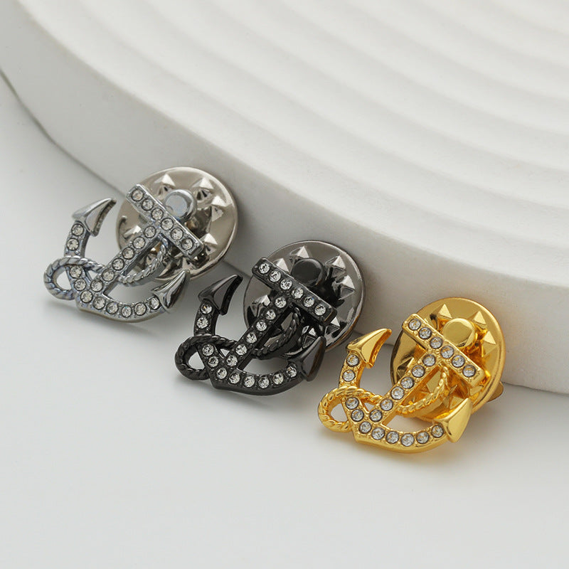Diamond anchor collar pins in silver, black and gold tones with clear rhinestones