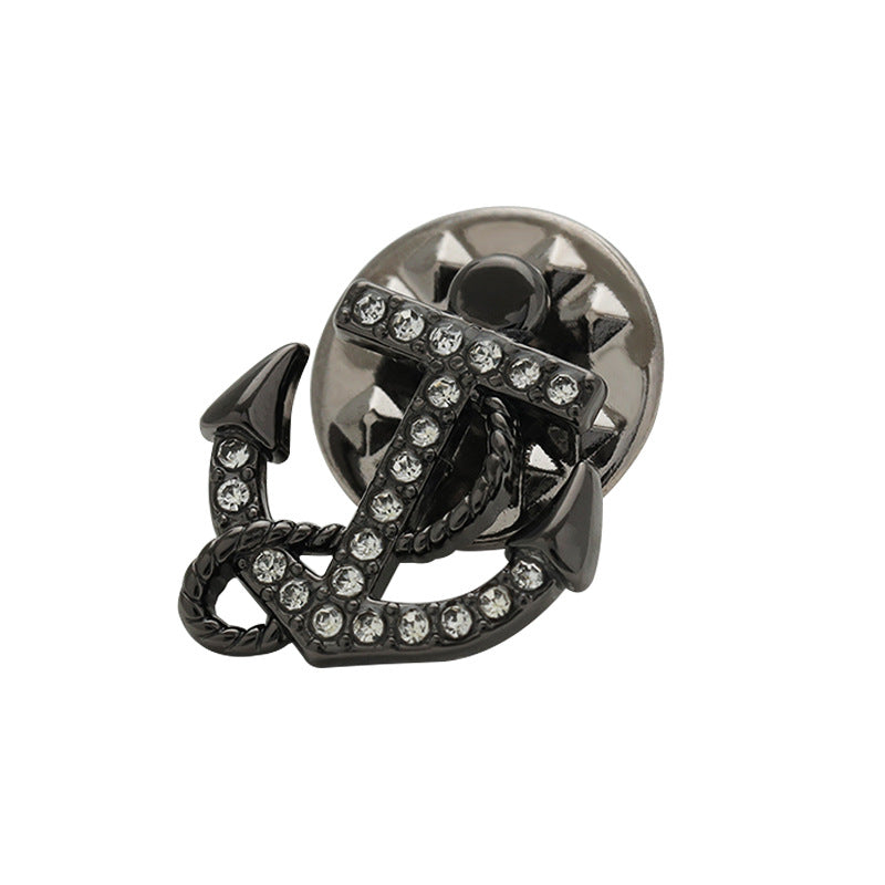Diamond anchor collar pin brooch, black tone with clear rhinestones and chain