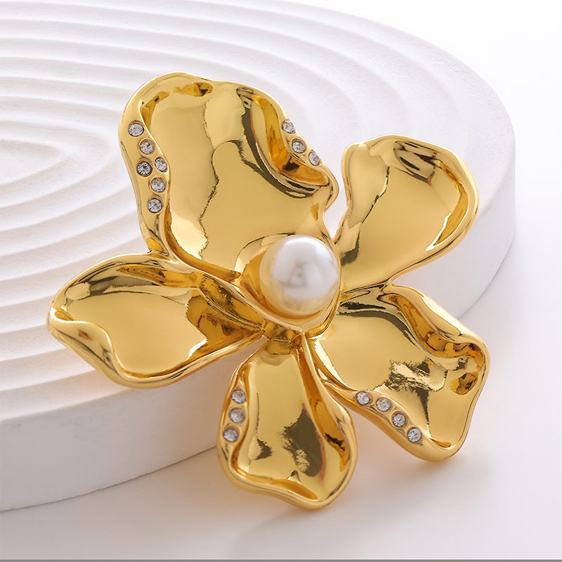 French Gold Chrome-Plated Pearl Flower Brooch Pin 2 Pack