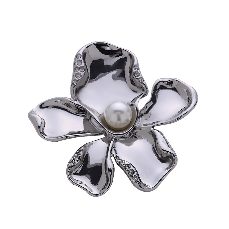French Gold Chrome-Plated Pearl Flower Brooch Pin 2 Pack
