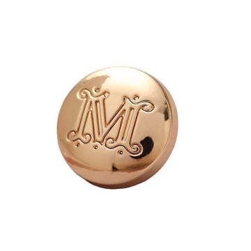 Gold round metal sewing button with embossed “M” letter, mushroom-style cap, 12mm