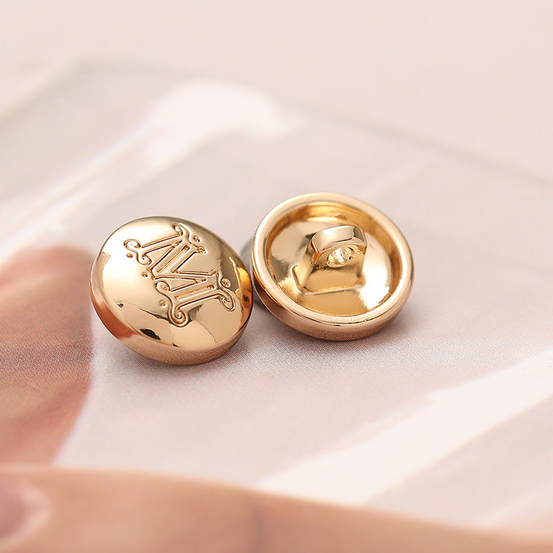 Gold round metal sewing button set: embossed “M” front and mushroom-style back, 12mm