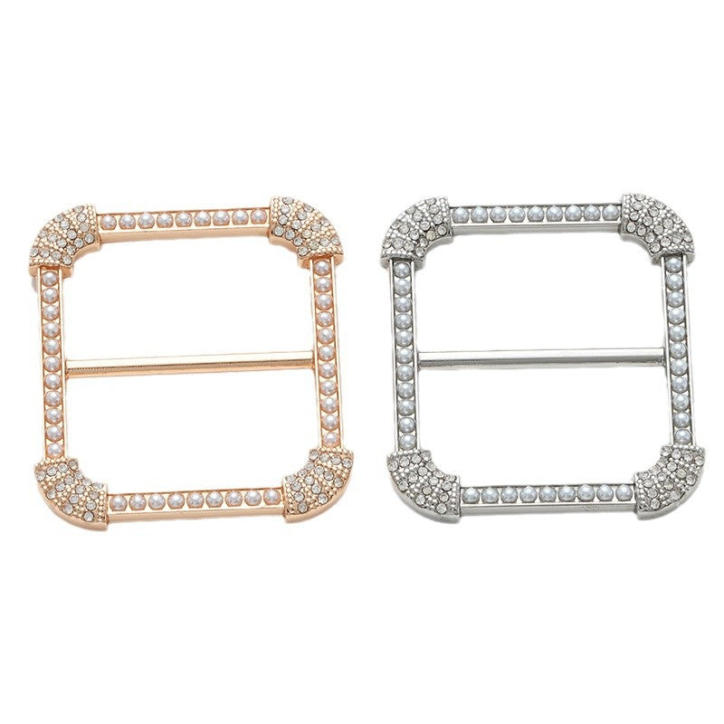 Square decorative buckle set, gold and silver, with pearl and rhinestone accents