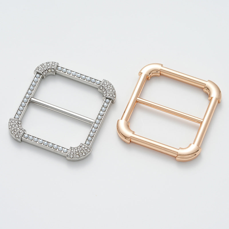 Square decorative buckle pair: silver and rose-gold, pearl trim with rhinestone details