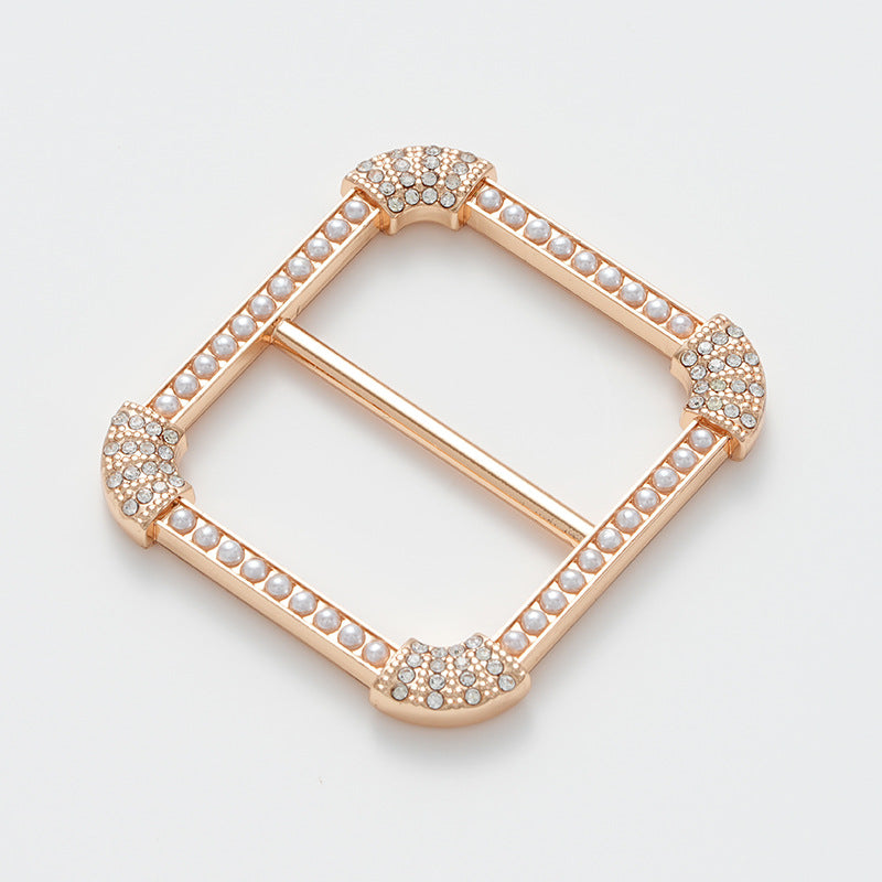 Gold square decorative buckle with pearl rows and rhinestone-studded corners
