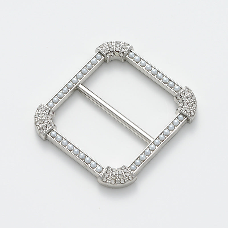 Silver square decorative buckle with pearl rows and rhinestone-studded corners