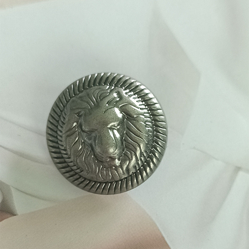 Lion head vintage metal button, antique silver finish, ridged border