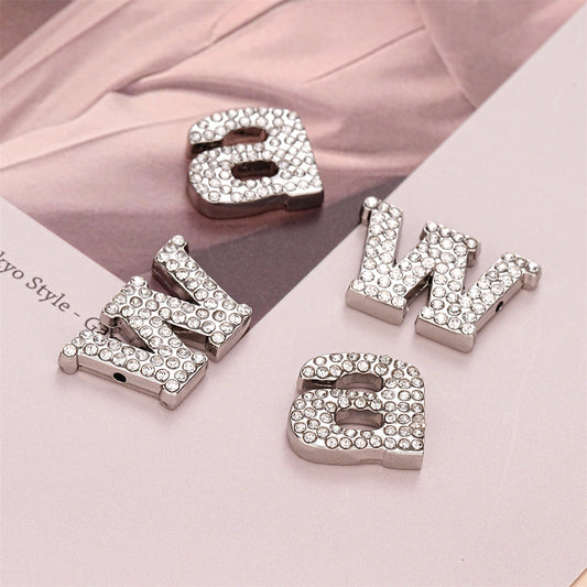 Silver Full-Diamond Letter A W-Shaped Hand-Sewn Metal Button 10pcs