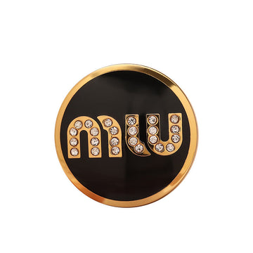 Round metal sewing button, black lacquer MIU letters with rhinestones, gold rim