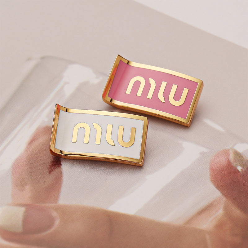 MIU rectangular metal button set, white and pink, gold-tone trim