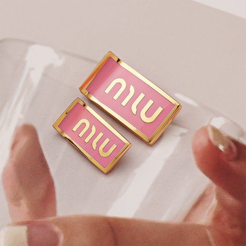 MIU rectangular metal button, pink, 2 pcs with gold trim