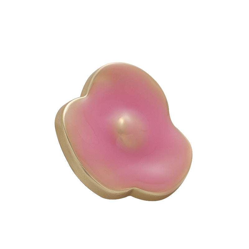 Pink irregular flower metal sewing button with smooth pearlescent center and gold edge