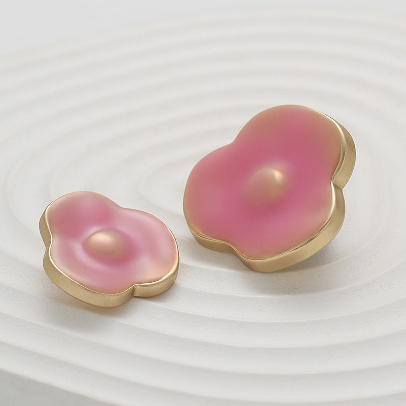 Pink and Green irregular flower metal sewing buttons, front view, gold scalloped edge