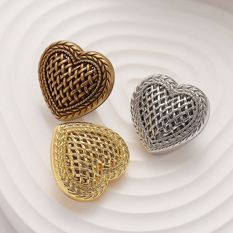 Retro heart metal decorative buttons, woven hollow pattern, Gold/Silver/Antique gold, 6pcs