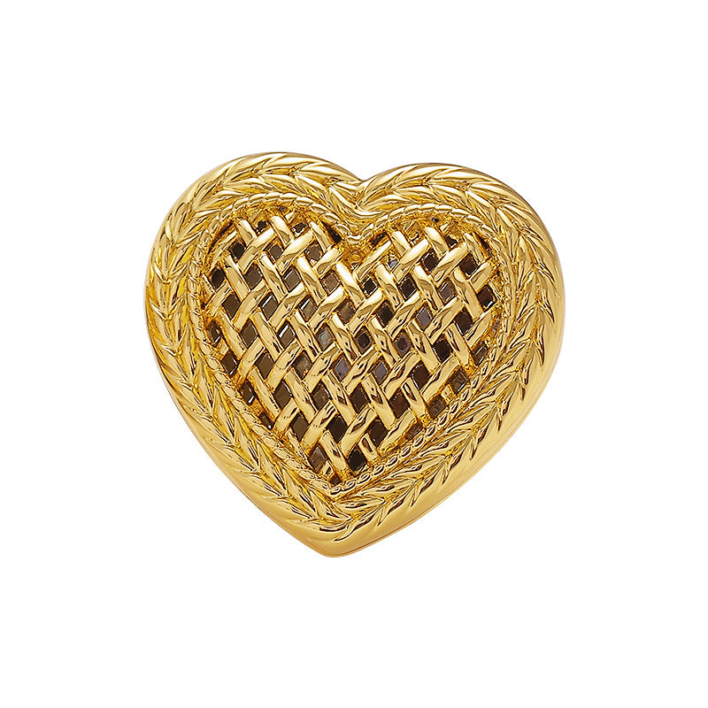 Gold retro heart metal button, woven hollow lattice design with leaf trim