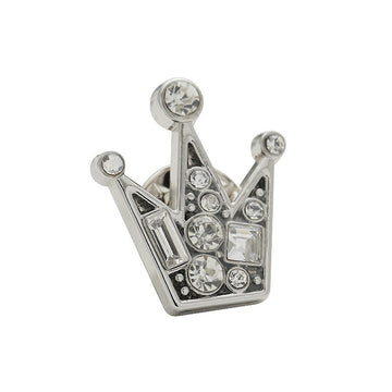 Silver crown badge brooch with diamond-style stones, front