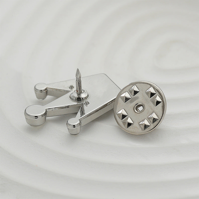 Silver crown badge brooch back with pin posts, diamond-style stones