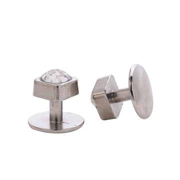 Silver crystal stud cufflinks, faceted stone hex setting, front view pair
