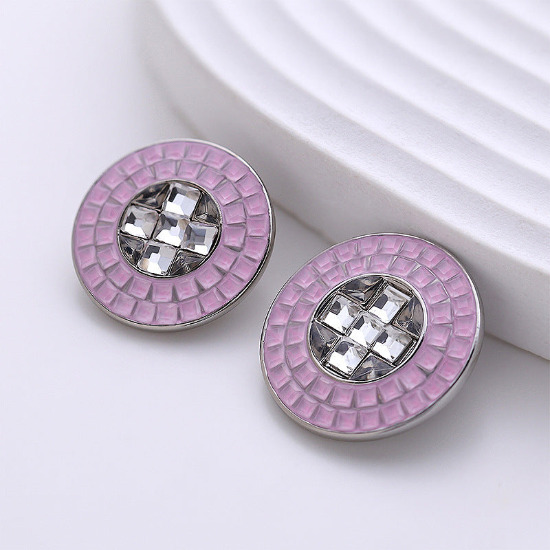 2 Rosa Metallknöpfe mit diamantförmigem Strass-Einsatz und geriffeltem Pragerand