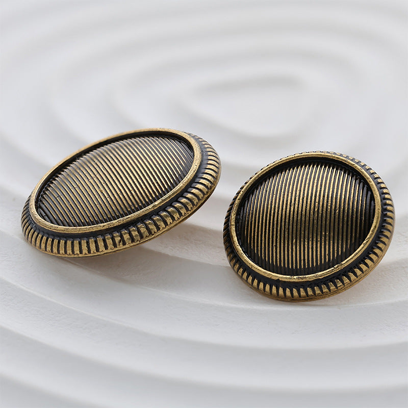 Two antique gold vintage striped lace metal buttons, round double-sided, 15–22mm