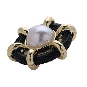 Hollow pearl metal sewing button, black ribbed ring with gold edges