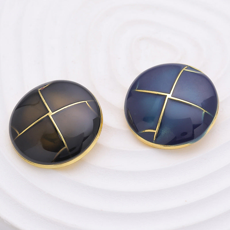 Blue and black 23mm crosshatch metal buttons with gold borders, 2 pcs