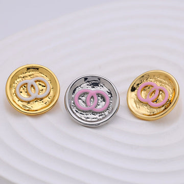 Double-circle metal button set: white gold, pink gold, and pink silver with enamel center