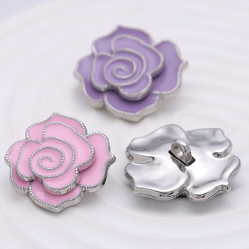 3D Camellia White Black Pink Purple Metal Button 5pcs
