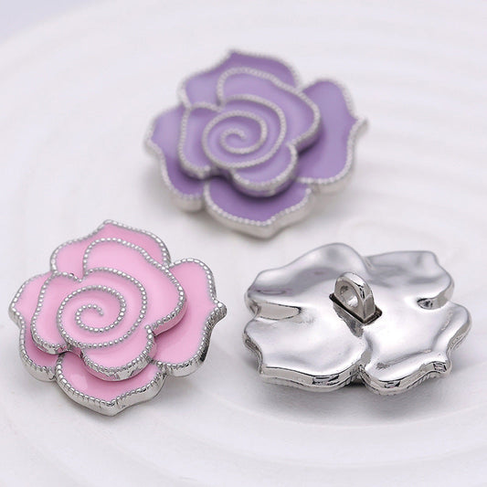 3D Camellia White Black Pink Purple Metal Button 5pcs