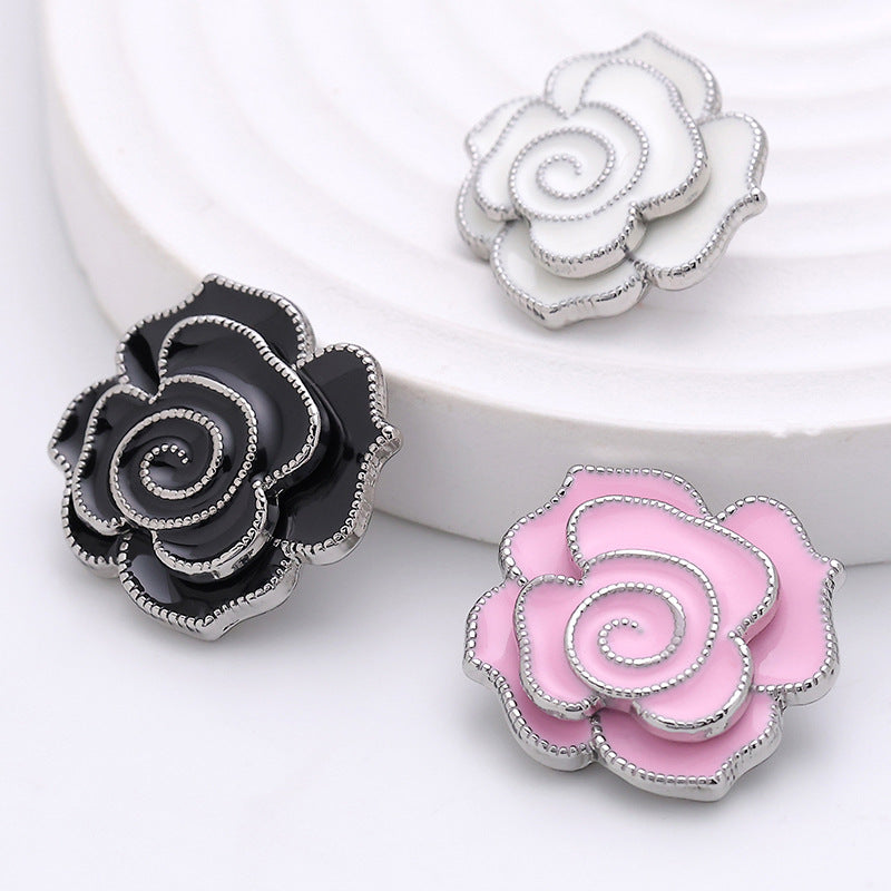 3D Camellia White Black Pink Purple Metal Button 5pcs