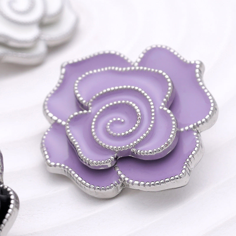 3D Camellia White Black Pink Purple Metal Button 5pcs