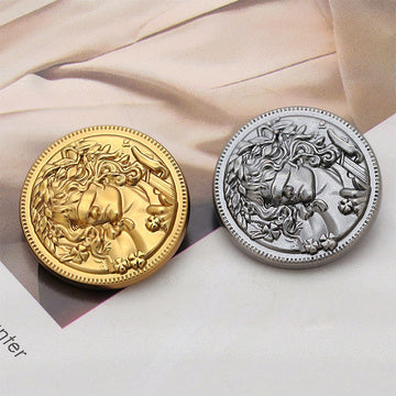 18–23mm vintage round metal buttons, gold and silver, embossed face design, 8-pack