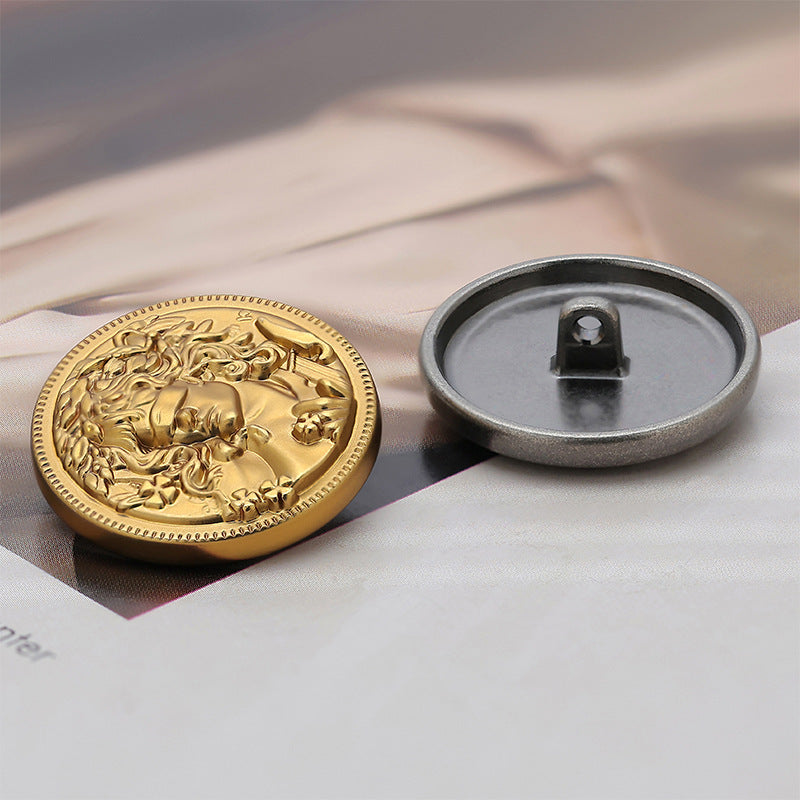 18–23mm vintage round metal button, gold front with embossed face, back with shank