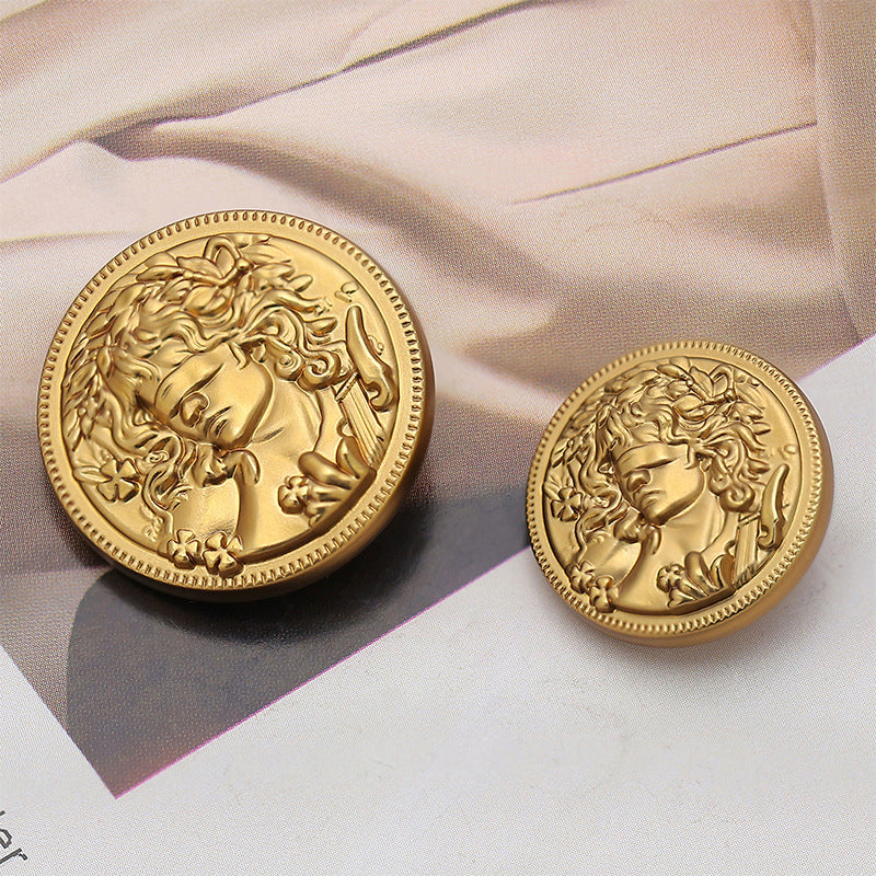 18–23mm vintage round metal buttons, gold, two pieces with embossed face design
