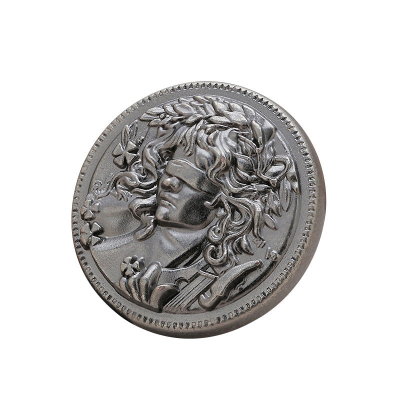 18–23mm vintage round metal button, silver, embossed portrait face with decorative rim