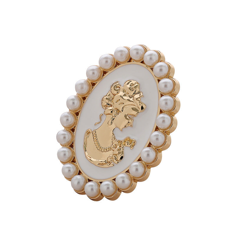 Retro Palace Pearl brooch pin, white oval cameo with gold beauty portrait, gold rim