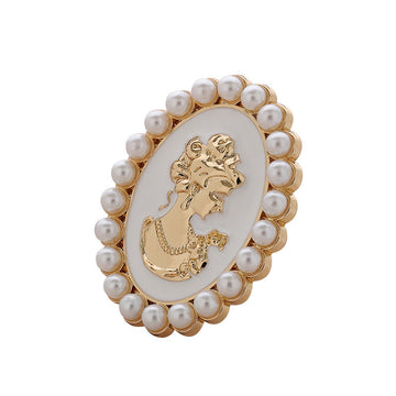 Retro Palace Pearl brooch pin, white oval cameo with gold beauty portrait, gold rim