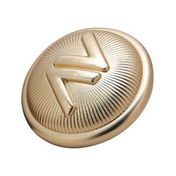 18mm striped V light gold metal sewing button, front view, ridged texture