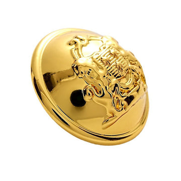 Gold-toned lion crest metal button, embossed double-lion design, front view