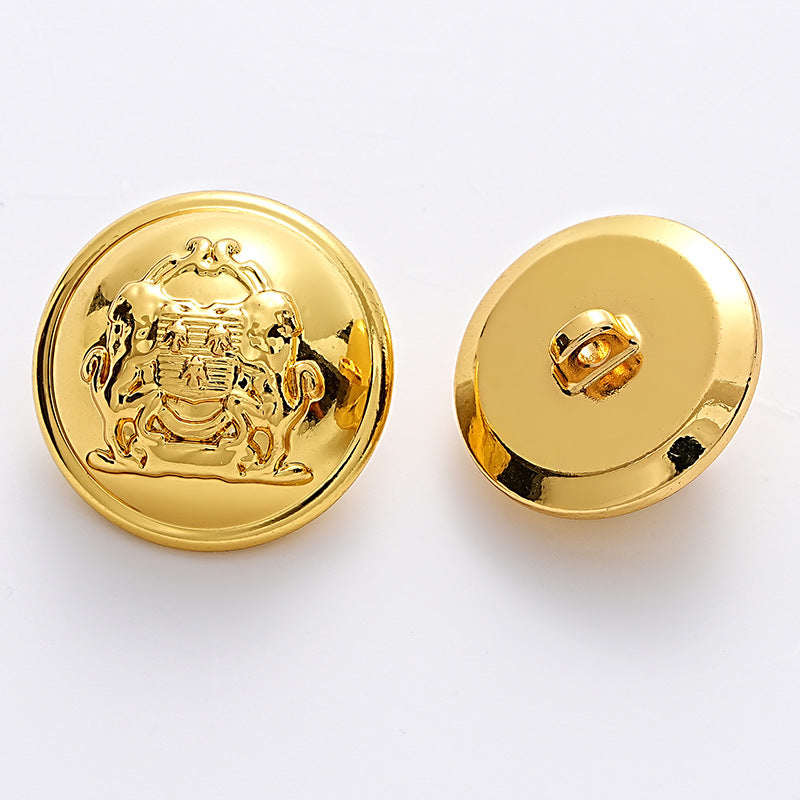 Gold metal button front and back with loop shank, lion crest emblem