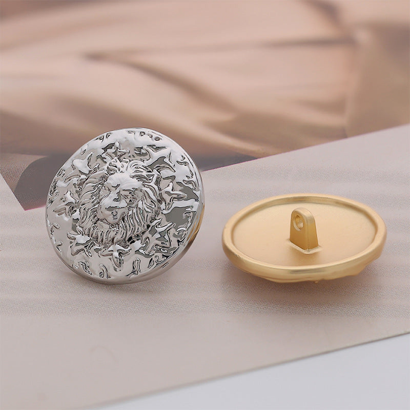 Silver lion head metal button front, gold back cap and shank