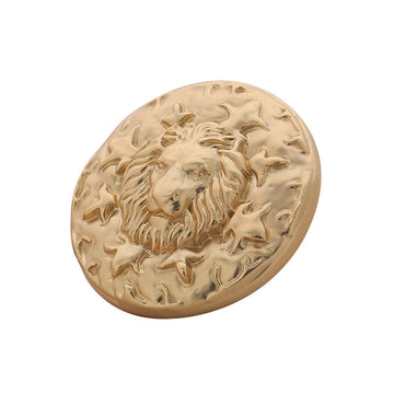 Gold round metal button with embossed lion head face