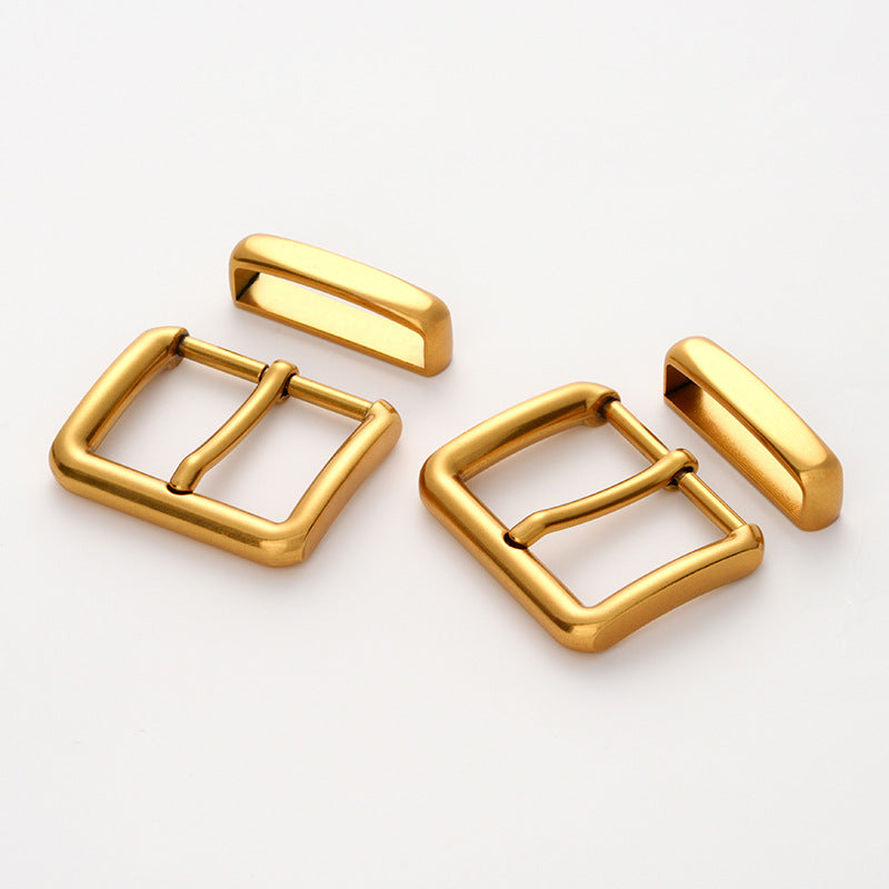 Gold-tone belt waist adjustment buckle with square frame and curved release plate